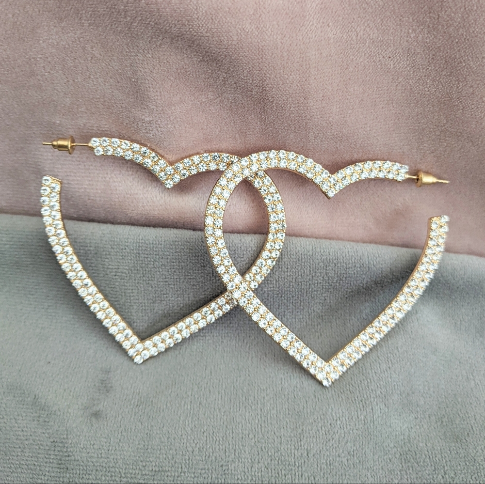 Hoop Earrings Big Hearts Shiny Crystal Rhinestone Gold Tone